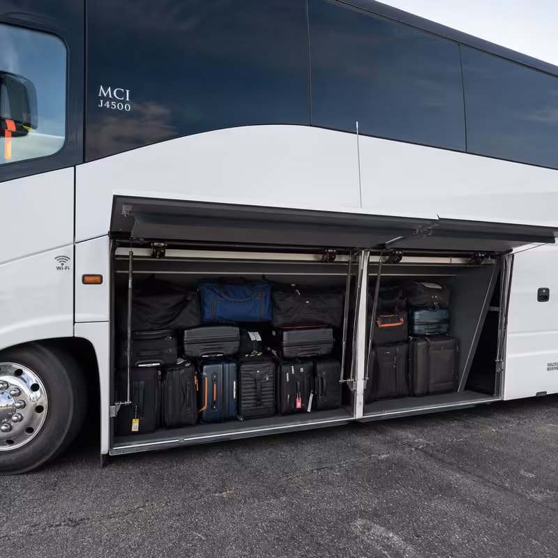Party bus interior with wraparound leather seating and LED lighting in Queens