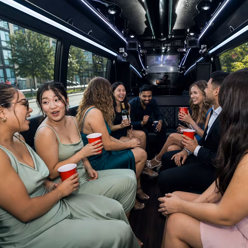 Party bus interior with wraparound leather seating and LED lighting in Queens
